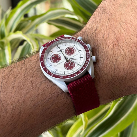 Maroon elastic loop watch strap, alternate view – Artisan Watch Co.