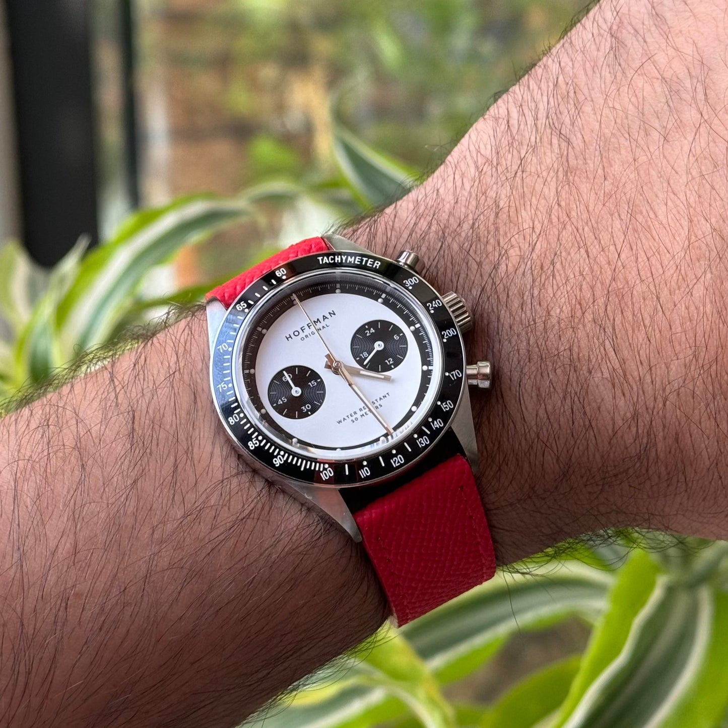 Red Saffiano leather watch strap, close-up detail – Artisan Watch Co.