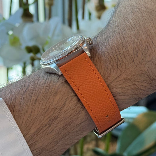 Orange Saffiano leather watch strap, alternate view – Artisan Watch Co.