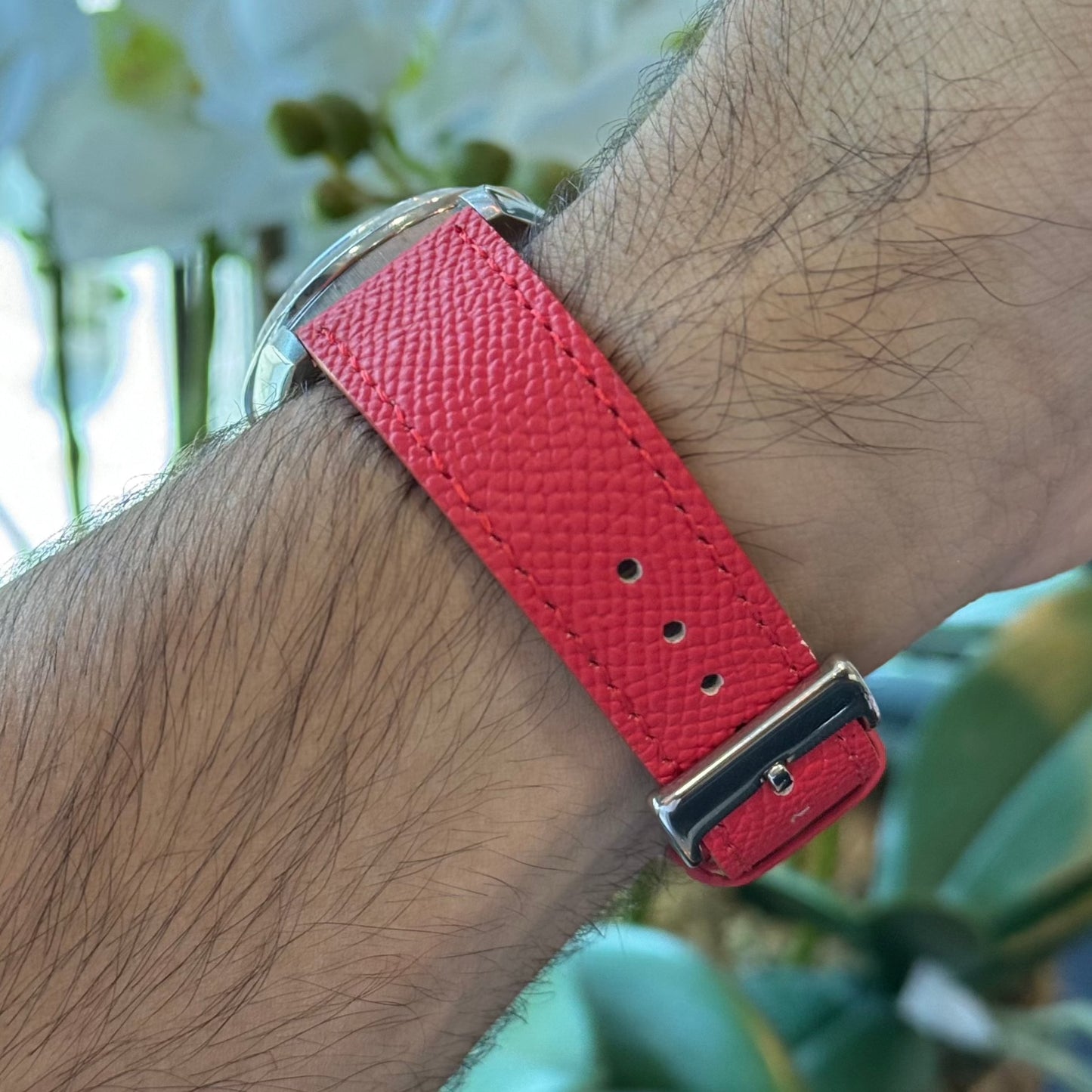 Red Saffiano leather watch strap, alternate view – Artisan Watch Co.