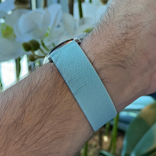 Tiffany blue woven elastic watch strap, close-up of the band texture – Artisan Watch Co.