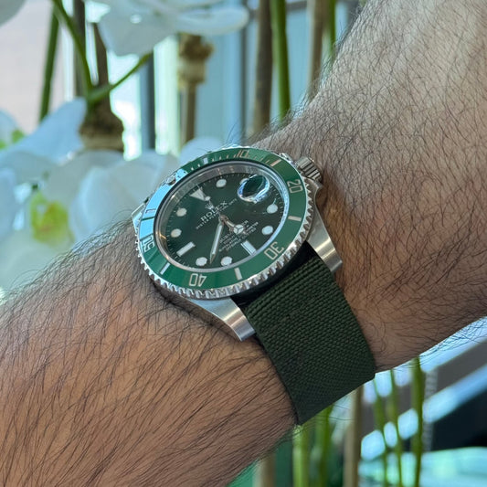 Dark Green elastic loop watch strap, alternate view – Artisan Watch Co.