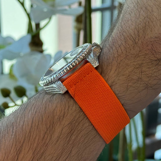 Orange elastic loop watch strap, alternate view – Artisan Watch Co.