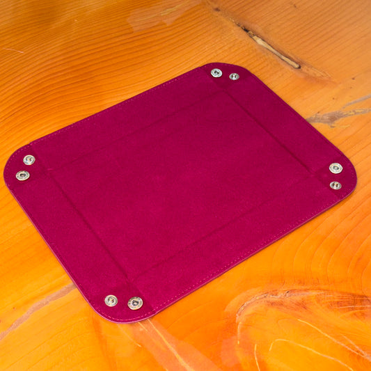 Dark Red suede valet tray shown flat with corner snaps – Artisan Watch Co.