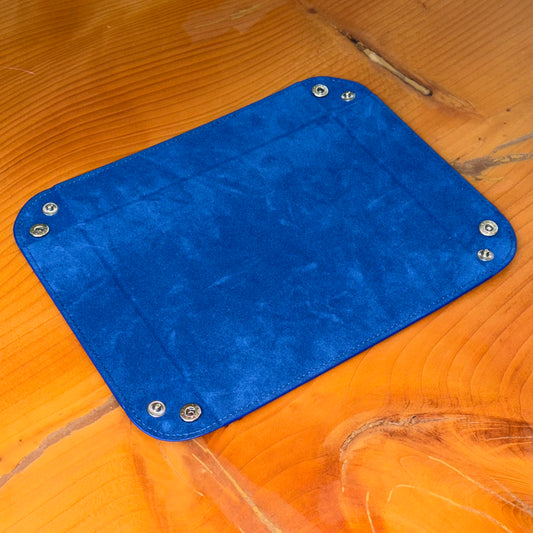 Royal blue suede valet tray shown flat with corner snap fasteners – Artisan Watch Co.