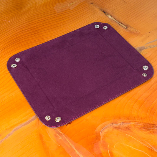Maroon suede valet tray shown flat with corner snaps – Artisan Watch Co.