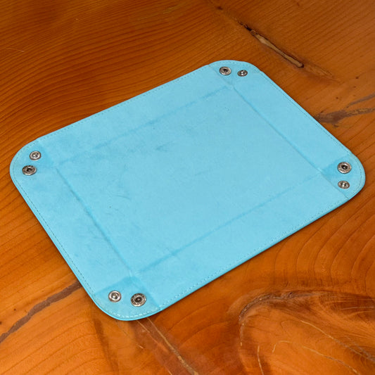 Light Blue suede valet tray shown flat with corner snaps – Artisan Watch Co.