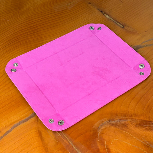 Pink suede valet tray shown flat with corner snaps – Artisan Watch Co.