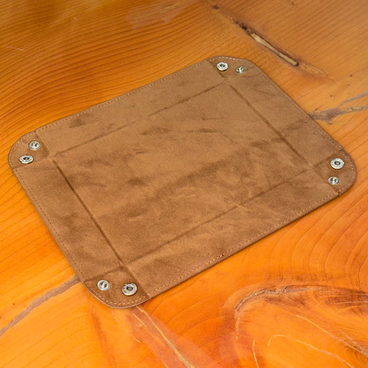 Brown suede valet tray shown flat with corner snaps – Artisan Watch Co.