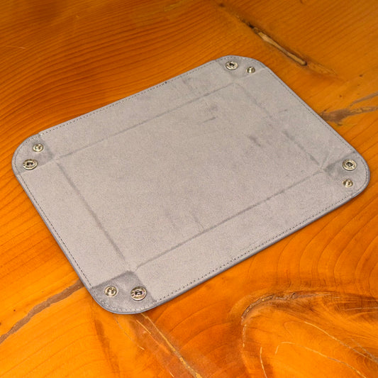 Grey suede valet tray shown flat with corner snaps – Artisan Watch Co.