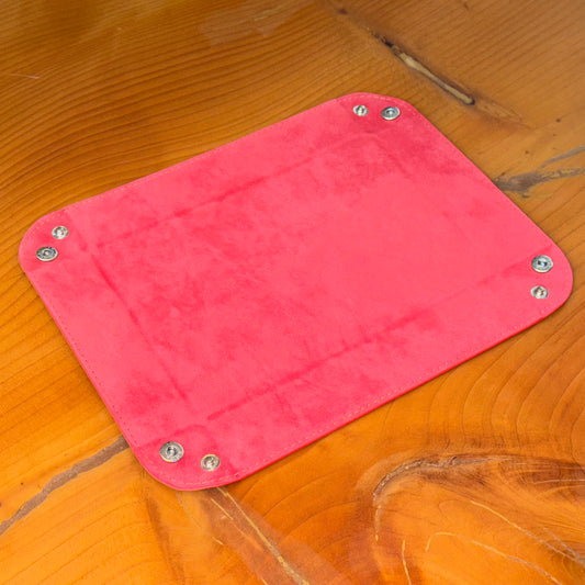 Tangerine suede valet tray shown flat with corner snaps – Artisan Watch Co.