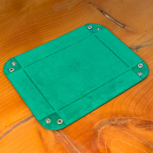 Green suede valet tray shown flat with corner snaps – Artisan Watch Co.